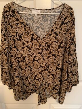 Like New, Morgan Taylor 2X Black & Cream Floral Tie-Front V-Neck Lightweight Top